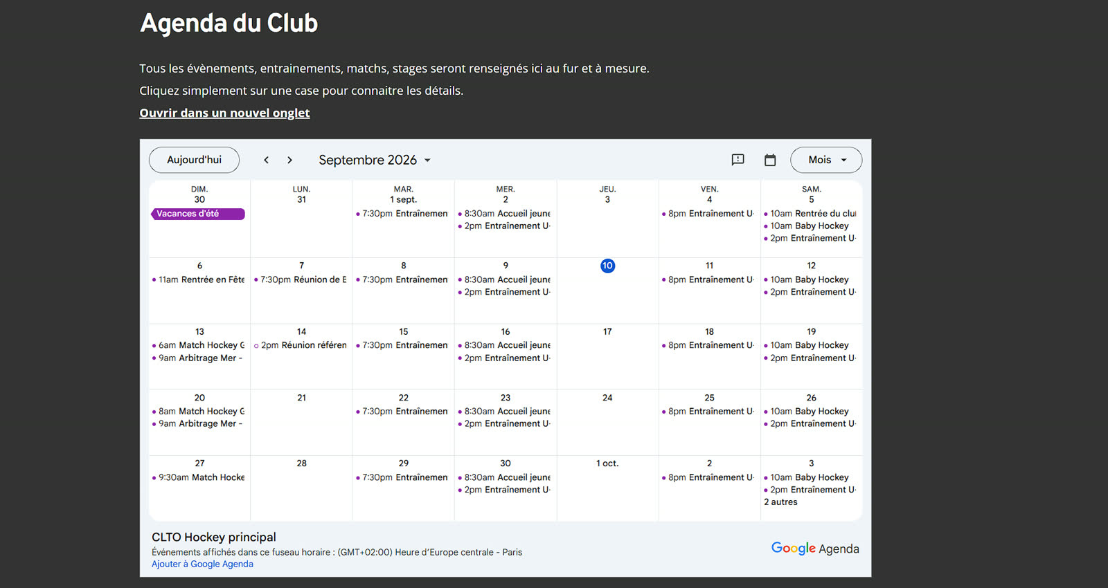 Agenda Google Calendar intégré affichant les événements du club