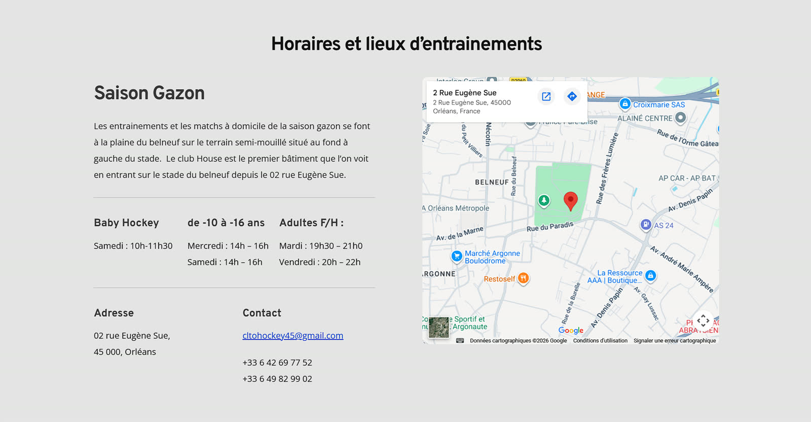 Carte Google Maps intégrée montrant l'adresse du club