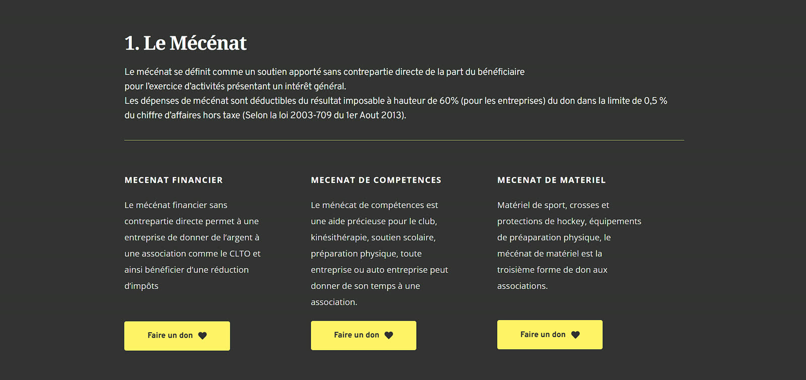 Page sponsoring et mécénat du CLTO avec les trois formes de don
